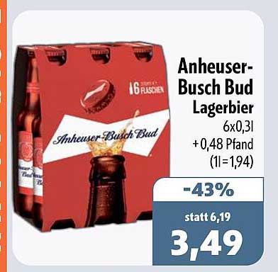 Anheuser-Busch Bud Lagerbier 6x0,3l +0,48 Pfand (1l=1,94)