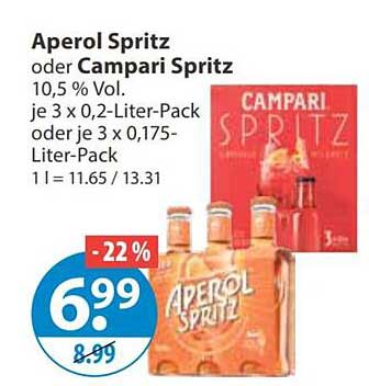 Aperol Spritz oder Campari Spritz 10,5 % Vol. je 3 x 0,2-Liter-Pack oder je 3 x 0,175-Liter-Pack 1 l = 11.65 / 13.31