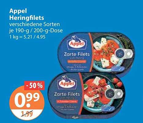 Appel Heringfilets verschiedene Sorten je 190-g / 200-g-Dose 1 kg = 5.21 / 4.95