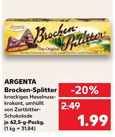 ARGENTA Brocken-Splitter knackiges Haselnuss-krokant, umhüllt von Zartbitter-Schokolade je 62,5-g-Packg.
