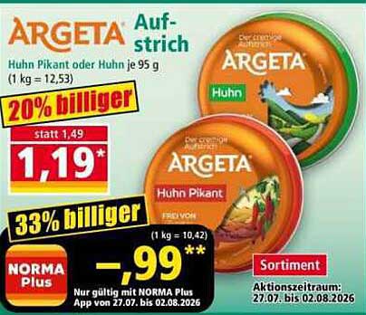 ARGETA Auf-strich Huhn Pikant oder Huhn je 95 g (1 kg = 12,53)