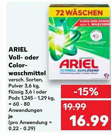 ARIEL Voll- oder Color-waschmittel versch. Sorten, Pulver 3,6 kg, flüssig 3,6 l oder Pods 1,245 - 1,29 kg, = 60 - 80 Anwendungen je (pro Anwendung = 0.22 - 0.29)