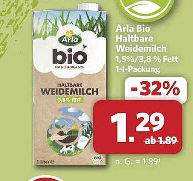 Arla Bio Haltbare Weidemilch 1,5%/3,8% Fett 1-l-Packung