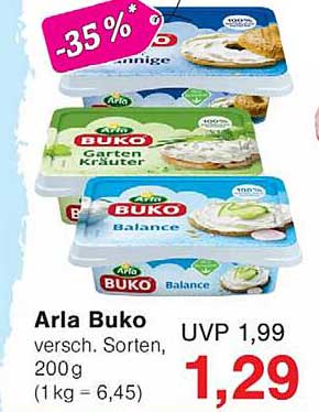 Arla Buko versch. Sorten, 200 g (1 kg = 6,45)
