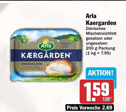 Arla Kærgården Dänisches Mischstreichfett gesalzen oder ungesalzen 200 g Packung (1 kg = 7.95)