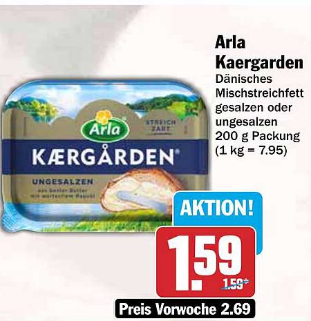 Arla Kaergarden Dänisches Mischstreichfett gesalzen oder ungesalzen 200 g Packung (1 kg = 7.95)