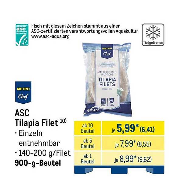 ASC Tilapia Filet 10) • Einzeln entnehmbar • 140-200 g/Filet • 900-g-Beutel