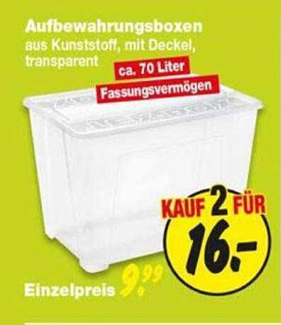 Aufbewahrungsboxen aus Kunststoff, mit Deckel, transparent ca. 70 Liter Fassungsvermögen
