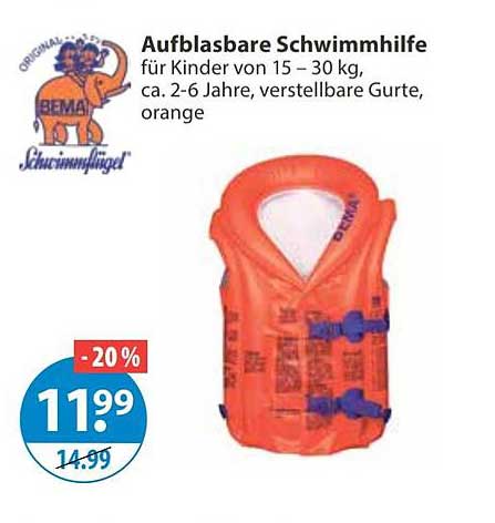 Aufblasbare Schwimmhilfe für Kinder von 15 – 30 kg, ca. 2-6 Jahre, verstellbare Gurte, orange