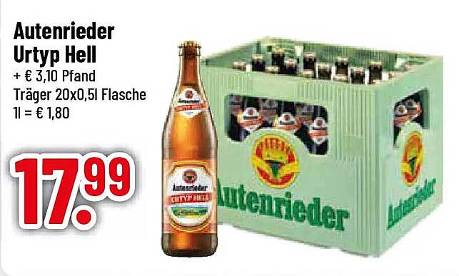 Autenrieder Urtyp Hell + € 3,10 Pfand Träger 20x0,5l Flasche 1l = € 1,80