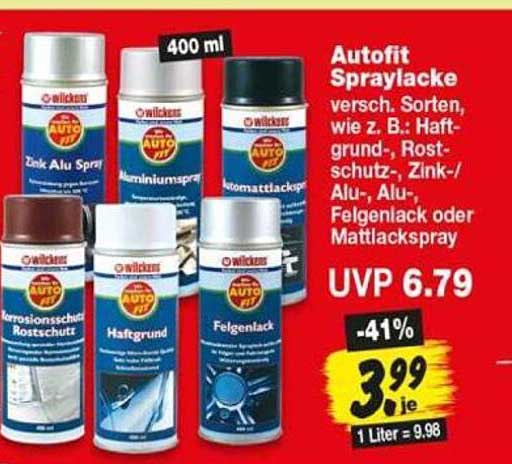 Autofit Spraylacke versch. Sorten, wie z. B.: Haftgrund, Rostschutz-, Zink-/Alu-, Alu-, Felgenlack oder Mattlackspray