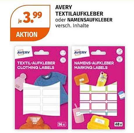 AVERY TEXTILAUFKLEBER oder NAMENSAUFKLEBER versch. Inhalte