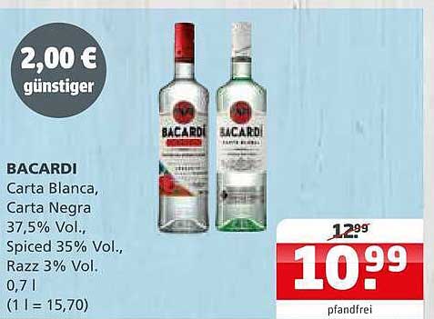 BACARDI Carta Blanca, Carta Negra 37,5% Vol., Spiced 35% Vol., Razz 3% Vol. 0,7 l (1 l = 15,70)