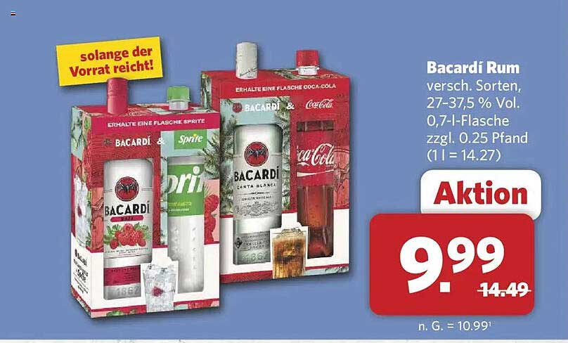 Bacardi Rum versch. Sorten, 27–37,5 % Vol., 0,7-l-Flasche zzgl. 0,25 Pfand (1 l = 14,27)