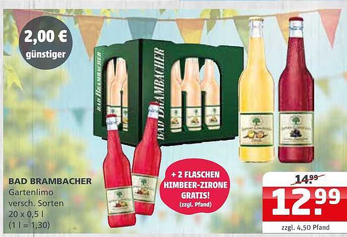 BAD BRAMBACHER Gartenlimos versch. Sorten 20 x 0,5 l (1 l = 1,30) + 2 FLASCHEN HIMBEER-ZIRONE GRATIS! (zzgl. Pfand)