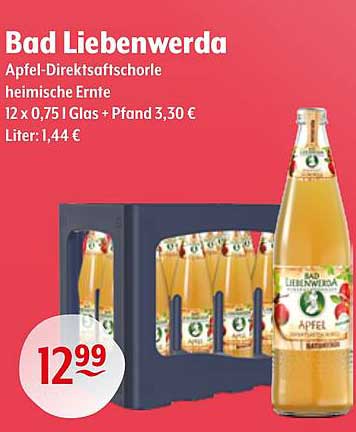 Bad Liebenwerda Apfel-Direktsaftschorle heimische Ernte 12 x 0,75 l Glas + Pfand 3,30 € Liter: 1,44 €