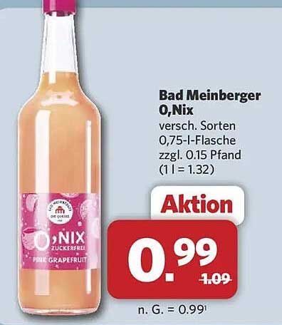 Bad Meinberger O,Nix versch. Sorten 0,75-l-Flasche zzgl. 0.15 Pfand (1 l = 1.32)