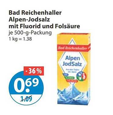 Bad Reichenhaller Alpen-Jodsalz mit Fluorid und Folsäure je 500-g-Packung 1 kg = 1.38