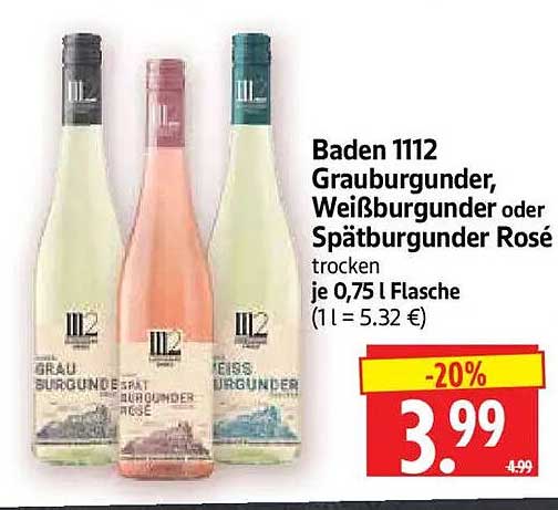 Baden 1112 Grauburgunder, Weißburgunder oder Spätburgunder Rosé trocken je 0,75 l Flasche