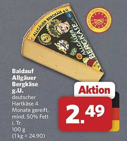 Baldauf Allgäuer Bergkäse g.U. deutscher Hartkäse 4 Monate gereift, mind. 50% Fett i. Tr. 100 g (1 kg = 24.90)