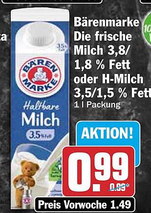 Bärenmarke Die frische Milch 3,8/1,8 % Fett oder H-Milch 3,5/1,5 % Fett 1 l Packung