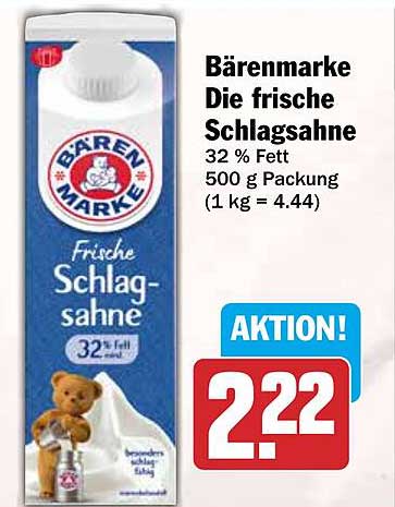 Bärenmarke Die frische Schlagssahne 32 % Fett 500 g Packung (1 kg = 4.44)