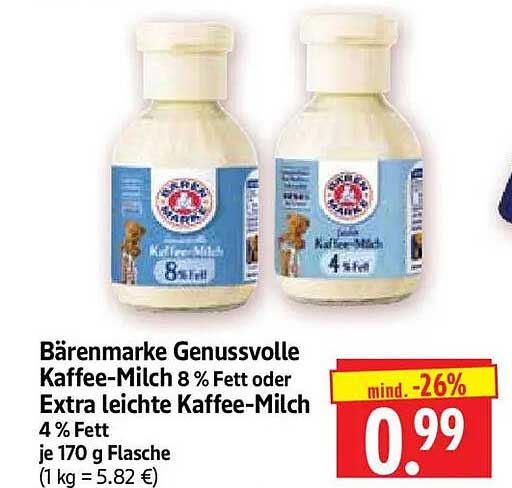 Bärenmarke Genussvolle Kaffee-Milch 8 % Fett oder Extra leichte Kaffee-Milch 4 % Fett je 170 g Flasche