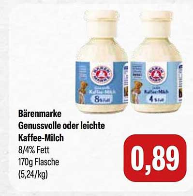 Bärenmarke Genussvolle oder leichte Kaffee-Milch 8/4% Fett 170g Flasche (5,24/kg)