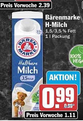 Bärenmarke H-Milch 1,5/3,5 % Fett 1 l Packung