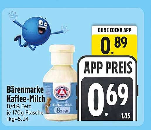 Bärenmarke Kaffee-Milch 8/4% Fett je 170g Flasche 1kg=5.24