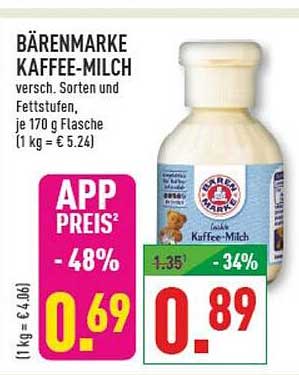 BÄRENMARKE KAFFEE-MILCH versch. Sorten und Fettstufen, je 170 g Flasche