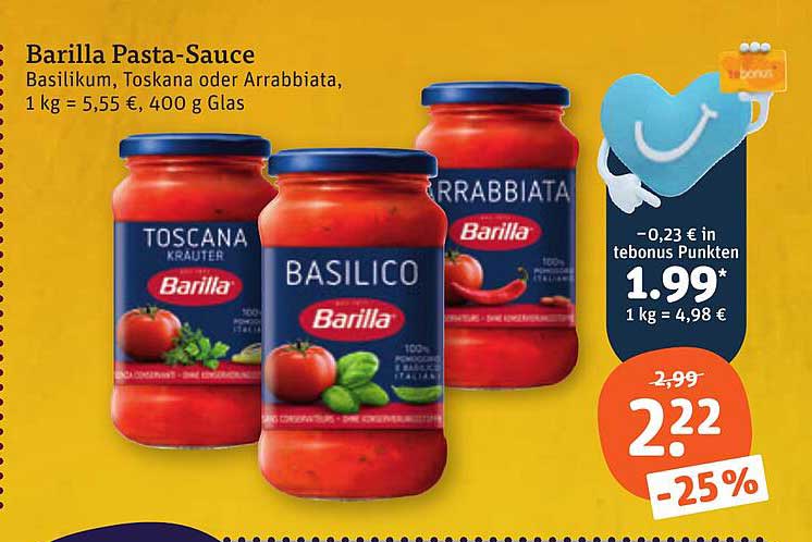 Barilla Pasta-Sauce Basilikum, Toskana oder Arrabbiata, 1 kg = 5,55 €, 400 g Glas