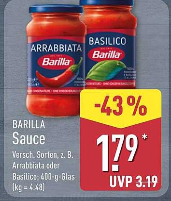 BARILLA Sauce Versch. Sorten, z. B. Arrabbiata oder Basilico; 400-g-Glas (kg = 4.40)