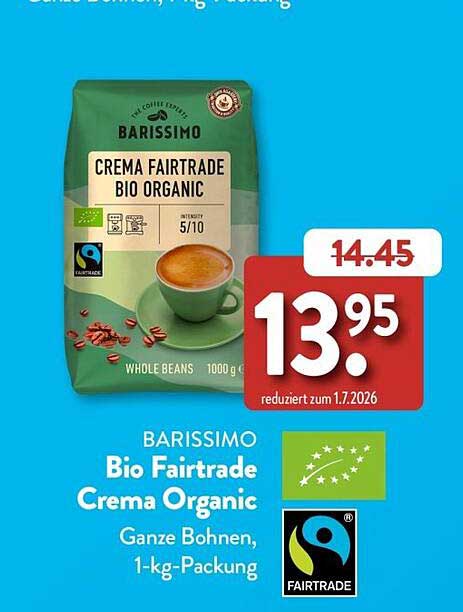 BARISSIMO Bio Fairtrade Crema Organic Ganze Bohnen, 1-kg-Packung