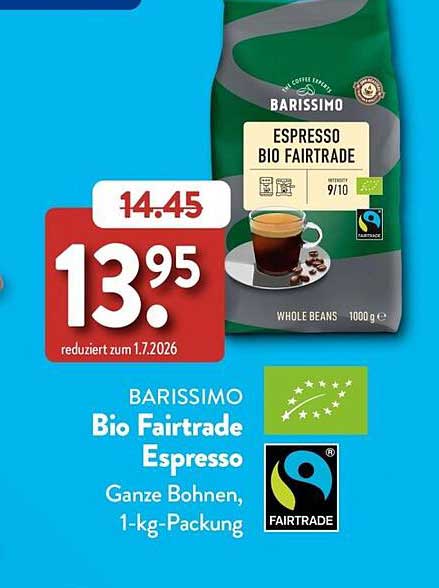 BARISSIMO Bio Fairtrade Espresso Ganze Bohnen, 1-kg-Packung