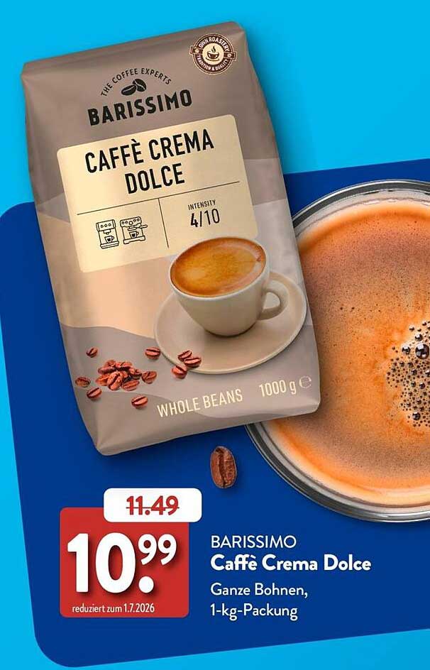 BARISSIMO Caffè Crema Dolce Ganze Bohnen, 1-kg-Packung