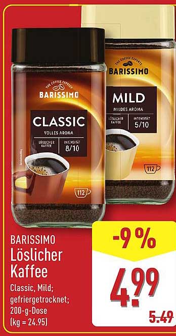 BARISSIMO Löslicher Kaffee Classic, Mild; gefriergetrocknet; 200-g-Dose (kg = 24.95)