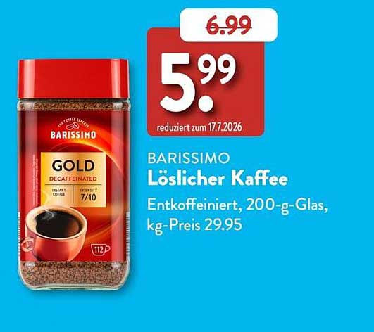 BARISSIMO Löslicher Kaffee Entkoffeiniert, 200-g-Glas, kg-Preis 29.95