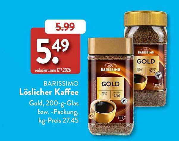 BARISSIMO Löslicher Kaffee Gold, 200-g-Glas bzw. -Packung, kg-Preis 27.45