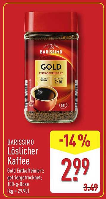 BARISSIMO Löslicher Kaffee Gold entkoffeiniert; gefriergetrocknet; 100-g-Dose (kg = 29.90)