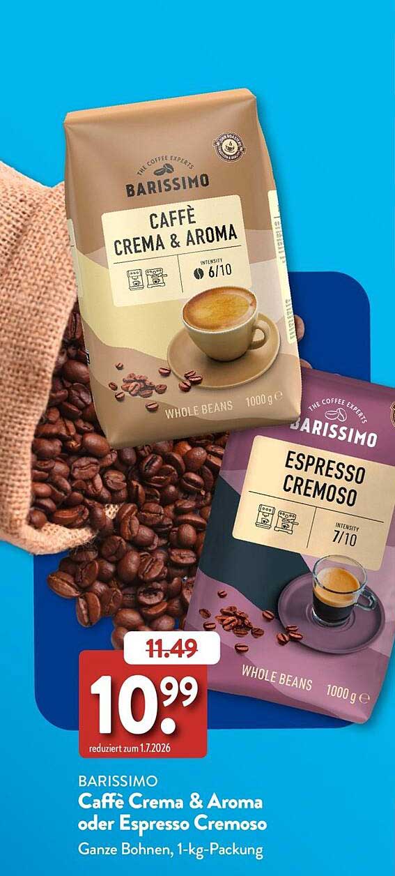 BARISSMO Caffè Crema & Aroma oder Espresso Cremoso Ganze Bohnen, 1-kg-Packung