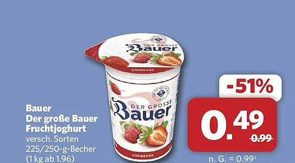 Bauer Der große Bauer Fruchtjoghurt versch. Sorten 225/250-g-Becher (1 kg ab 1.96)