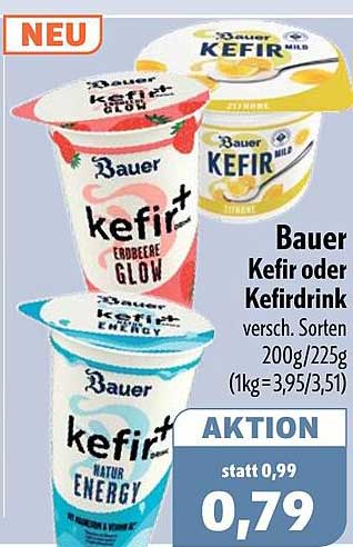 Bauer Kefir oder Kefirdrink versch. Sorten 200g/225g (1kg=3,95/3,51)