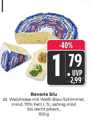 Bavaria blu dt. Weichkäse mit Weiß-Blau-Schimmel, mind. 70% Fett i. Tr., sahnig mild bis leicht pikant, 100 g