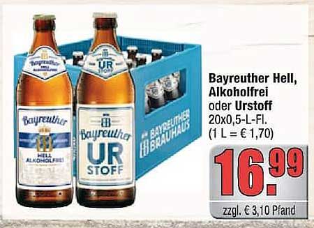 Bayreuther Hell, Alkoholfrei oder Urstoff 20x0,5-L-Fl. (1 L = € 1,70)