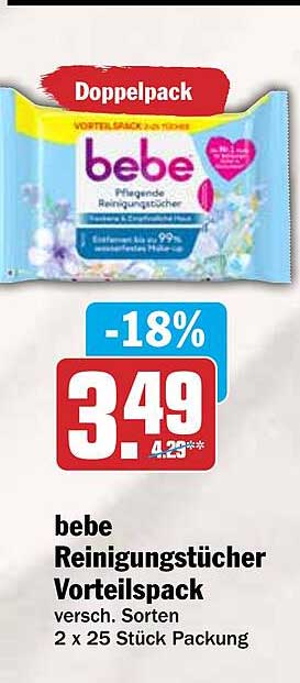 bebe Reinigungstücher Vorteilspack versch. Sorten 2 x 25 Stück Packung