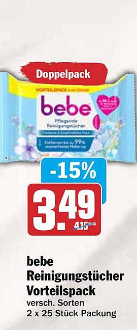 bebe Reinigungstücher Vorteilspack versch. Sorten 2 x 25 Stück Packung