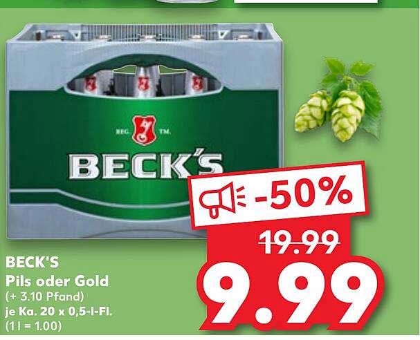 BECK'S Pils oder Gold (+ 3.10 Pfand) je Ka. 20 x 0,5-l-Fl. (1 l = 1.00)