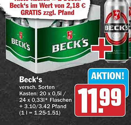 Beck's versch. Sorten Kasten: 20 x 0,5l / 24 x 0,33l* Flaschen + 3.10/3.42 Pfand (1 l = 1.25-1.51)