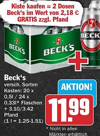 Beck's versch. Sorten Kasten: 20 x 0,5l / 24 x 0,33l* Flaschen + 3.10/3.42 Pfand